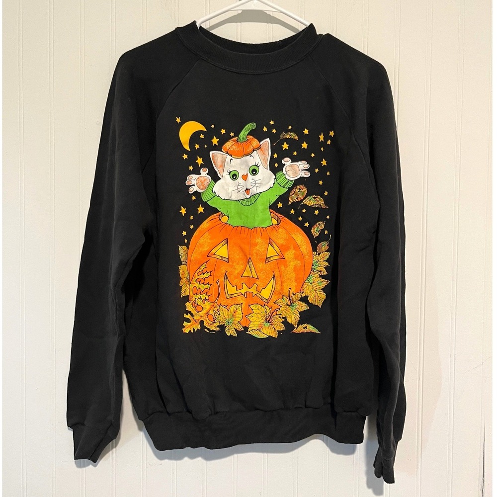 Vintage Halloween Hanes Sweatshirt Womens L Black Cat Pumpkin Graphic
